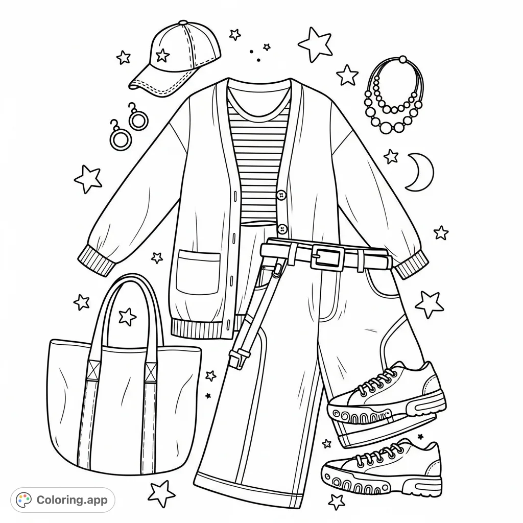 Discover a stylish casual outfit flat lay coloring page, featuring a cardigan, striped top, wide-leg jeans, sneakers, and accessories.