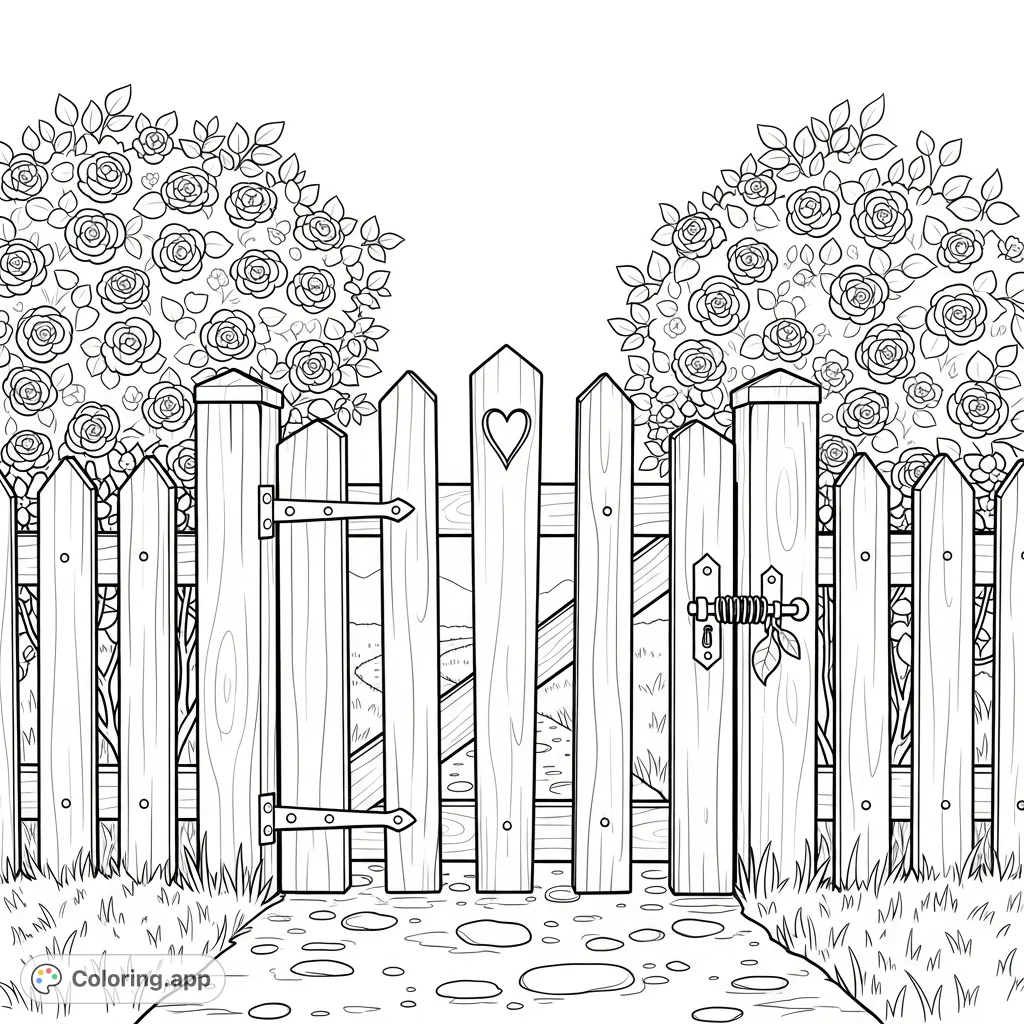 Discover a charming garden gate coloring page, intricately detailed with a heart carving, flanked by abundant rose bushes. A winding path invites tranquility.