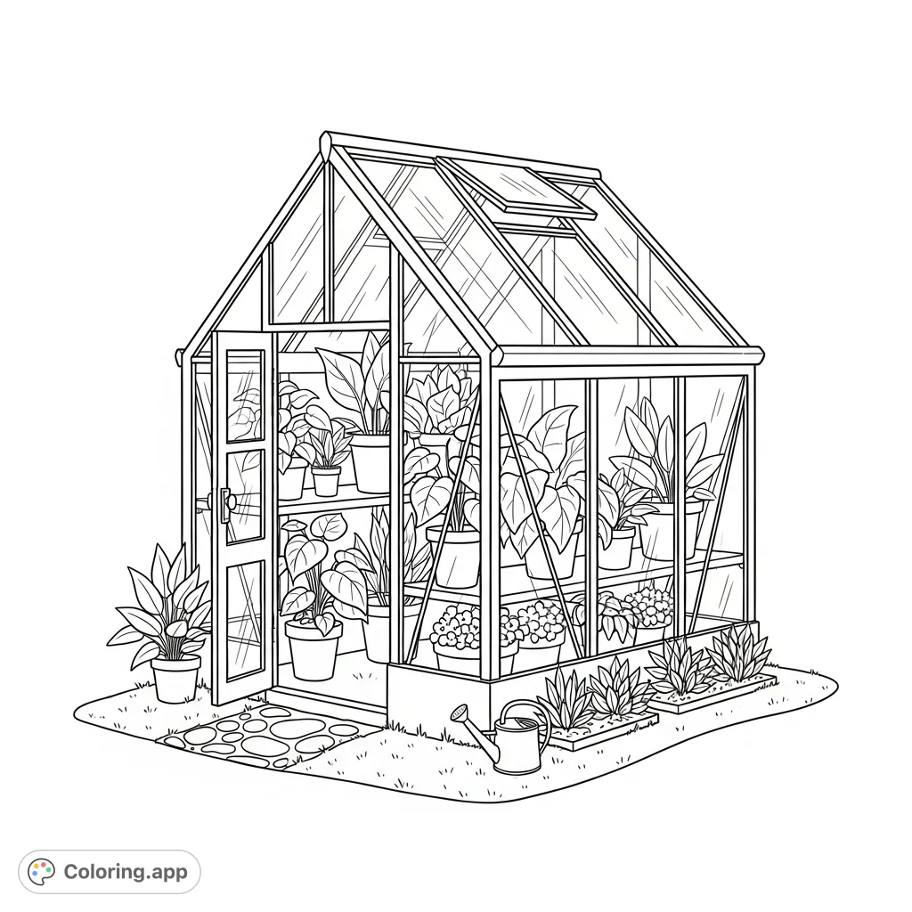 Discover a charming greenhouse coloring page with paneled walls, lush plants inside and out, a watering can, and a gravel path. A perfect garden escape!