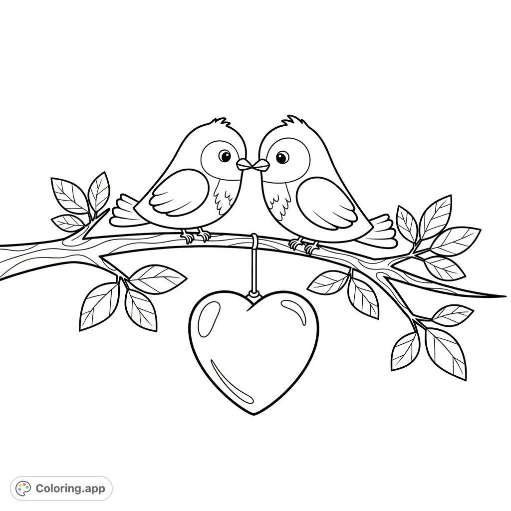 Two stylized birds share a tender moment on a curved branch, with a swinging heart between them. A charming scene perfect for creative coloring.