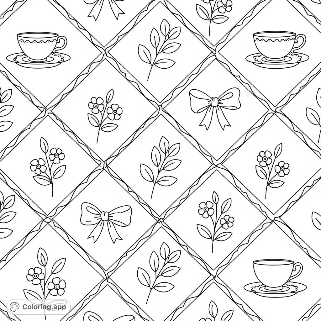 A delightful diagonal quilted pattern featuring charming motifs: delicate teacups, pretty bows, clusters of blossoms, and elegant leafy sprigs, all bordered by intertwining vines.