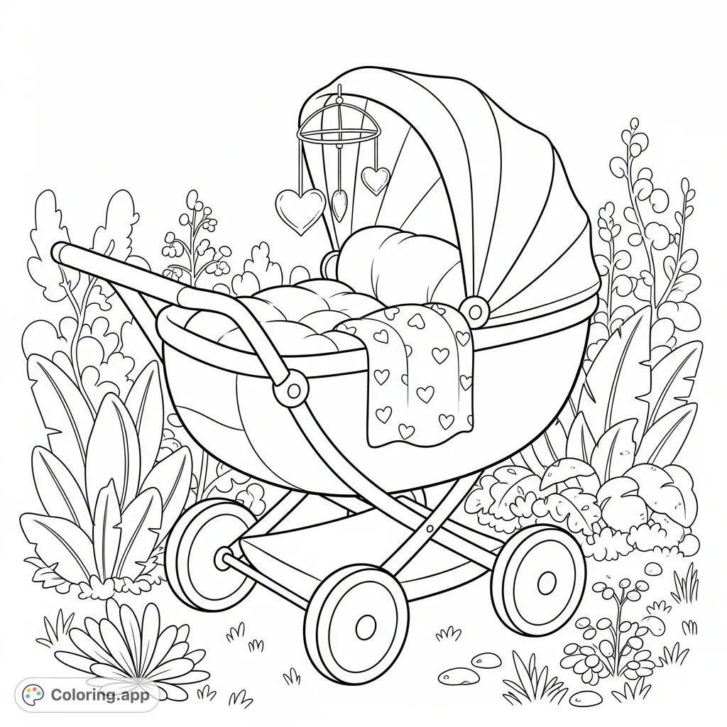A delightful baby stroller with heart details nestled in a serene garden. Perfect for a peaceful coloring experience and celebrating new beginnings.