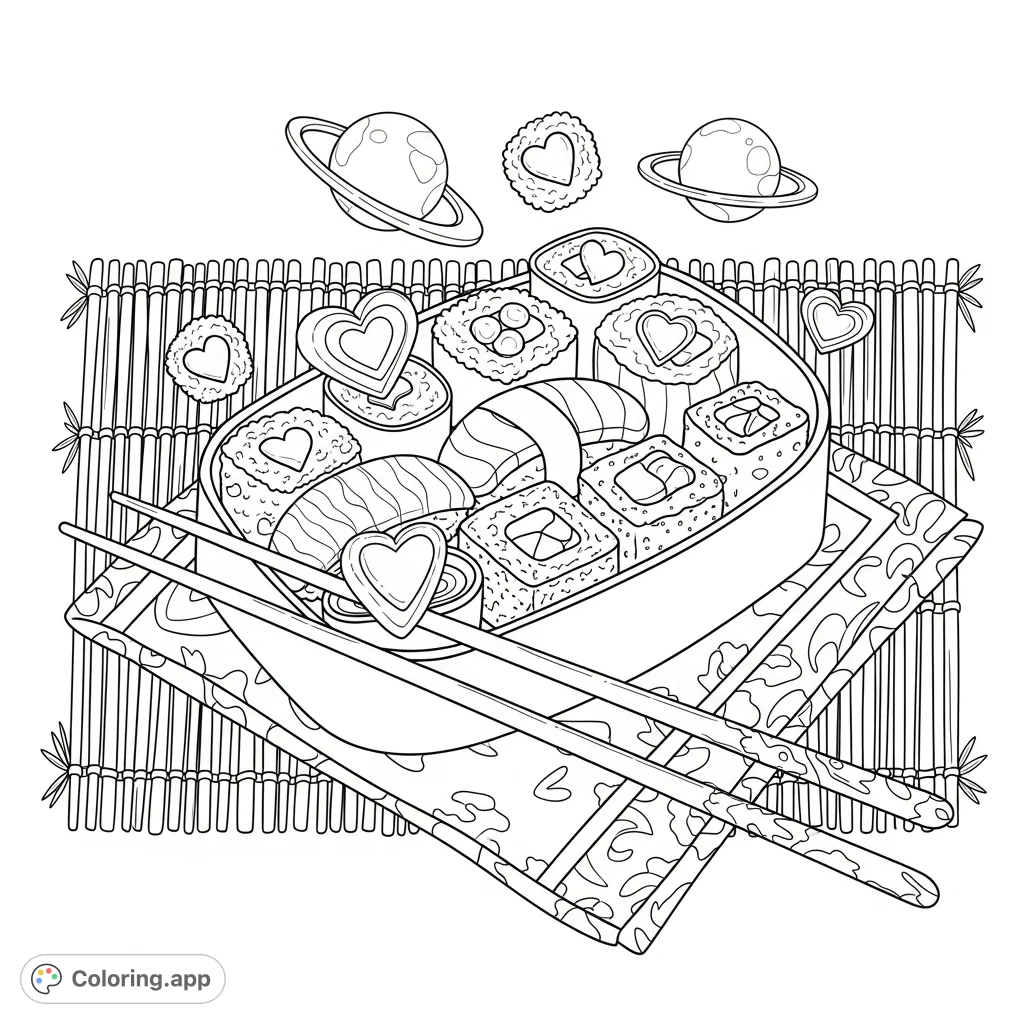 Delight in a charming sushi bento box coloring page, featuring various sushi rolls, each adorned with a sweet rice or bell pepper heart. Elegant chopsticks rest on a patterned napkin, all on a woven bamboo mat.