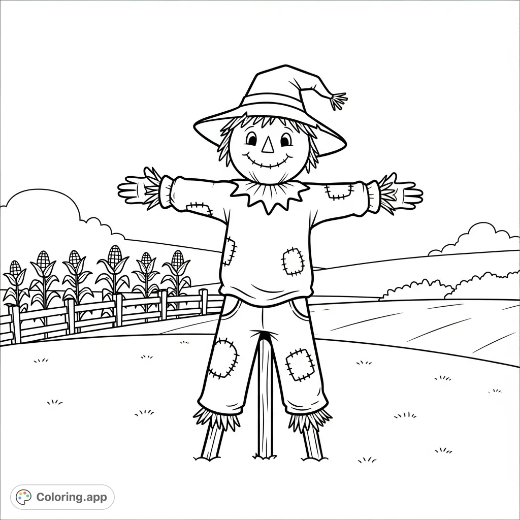 A delightful scarecrow with outstretched arms, patched clothes, and a floppy hat stands in a vast field, surrounded by stylized corn stalks and a rustic wooden fence.