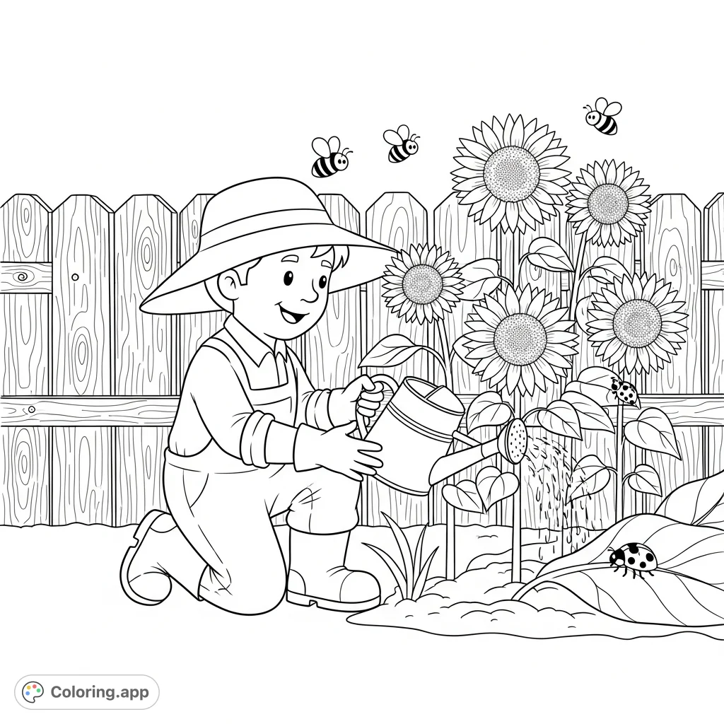 A delightful coloring page featuring a cheerful gardener tending a patch of tall sunflowers, complete with buzzing bees, a ladybug, and a rustic fence.