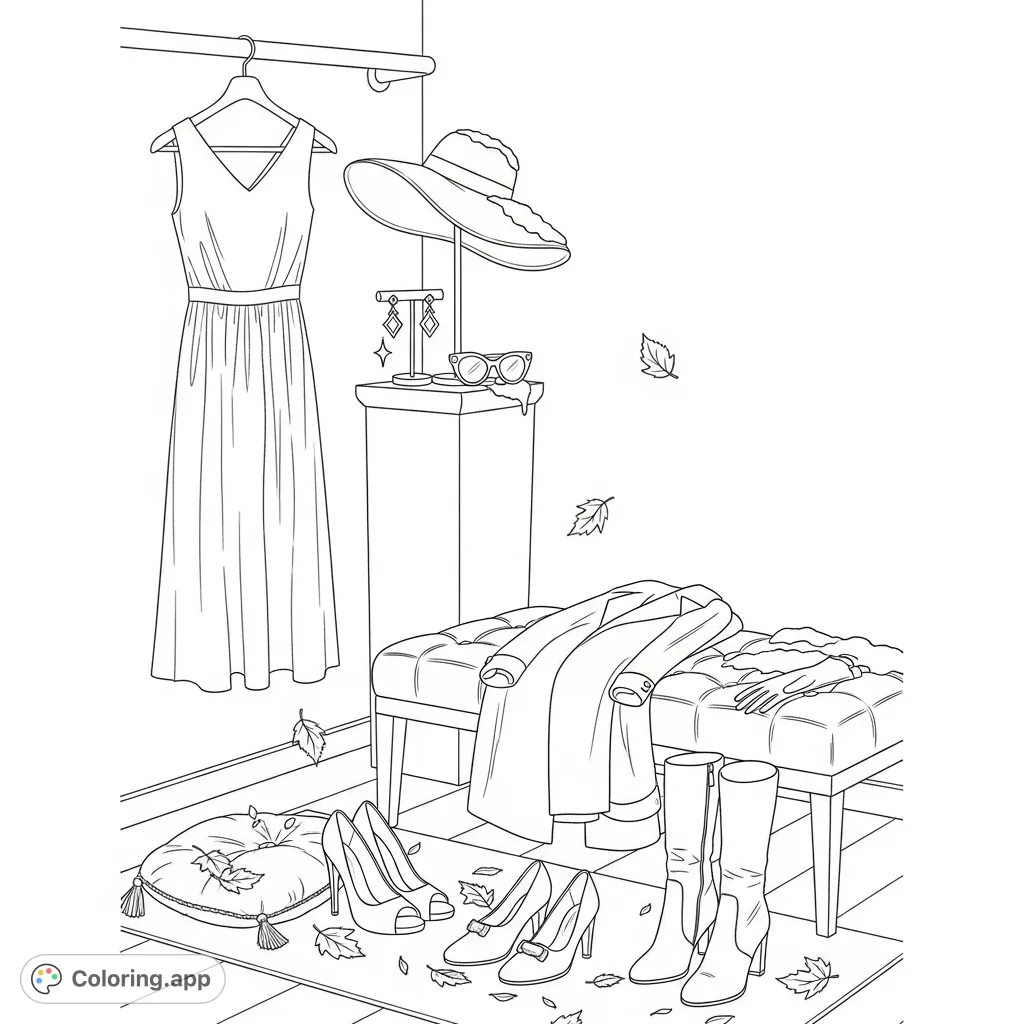 Explore a stylish boutique corner featuring a midi dress, wide-brimmed hat, sunglasses, earrings, a long coat, high-heeled shoes, boots, and gloves.