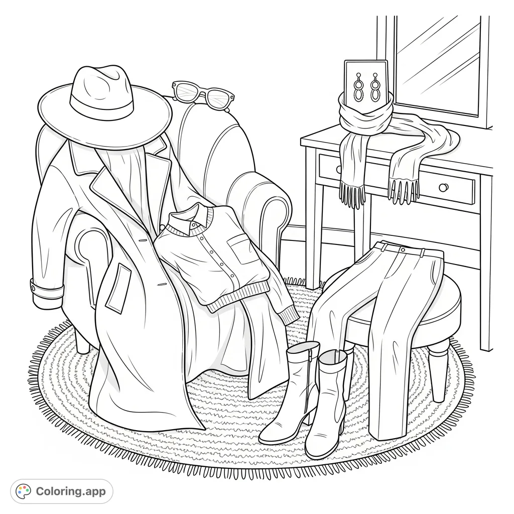 Explore a luxurious dressing room featuring a stylish women's outfit, complete with a wide-brimmed hat, coat, and accessories.