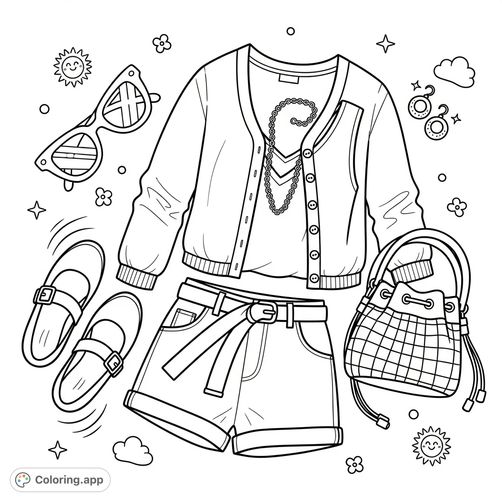 Discover a stylish everyday outfit laid flat, featuring a cardigan, V-neck top, shorts, and accessories. A perfect fashion coloring page for creative expression.