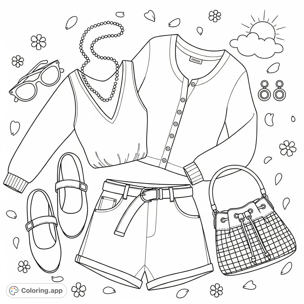Discover a stylish everyday outfit laid flat, featuring a cardigan, V-neck top, shorts, and accessories. A perfect fashion coloring page for creative expression.