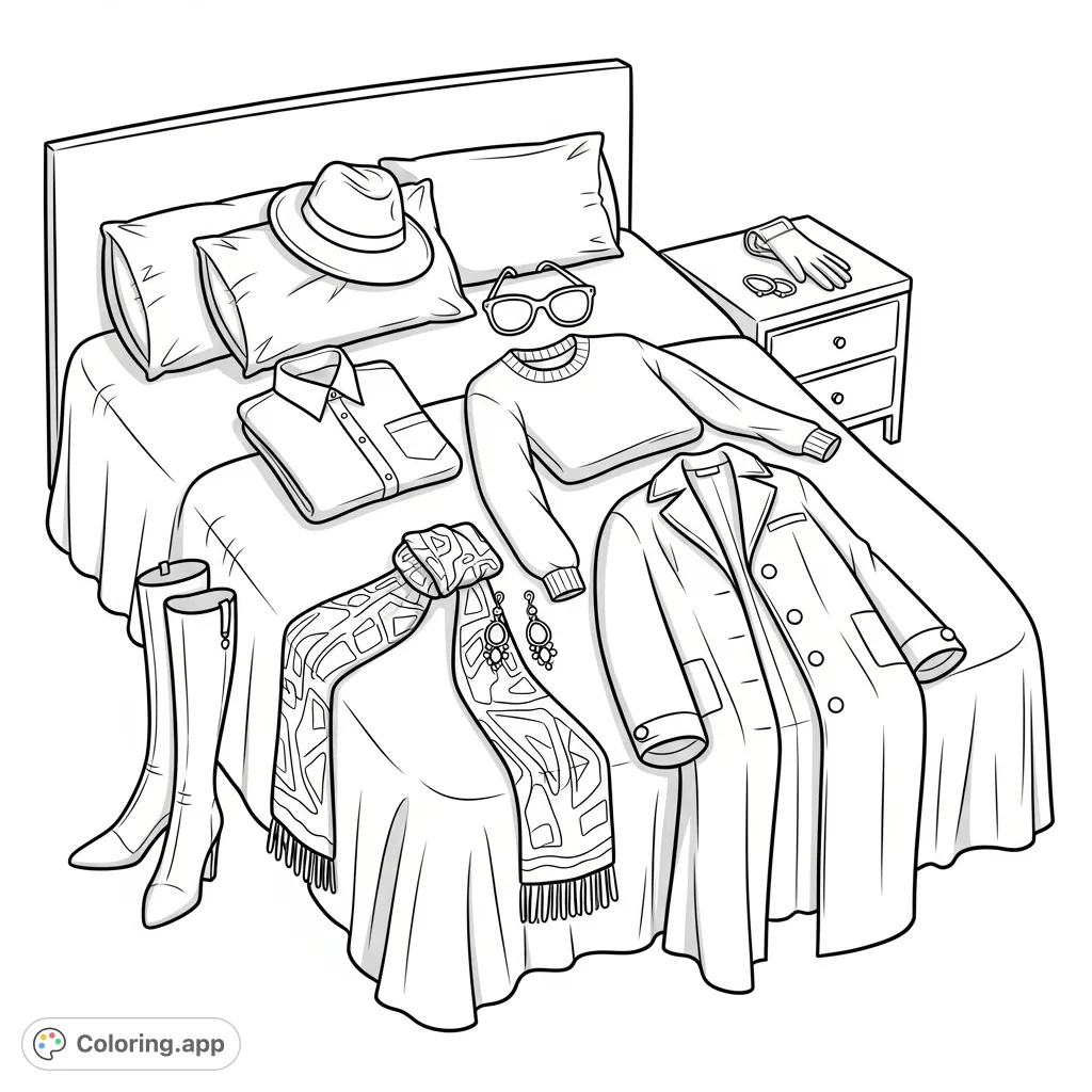 Discover a sophisticated fashion ensemble laid out on a luxurious bed, featuring elegant clothing, accessories, and footwear. A stylish scene for fashion lovers.