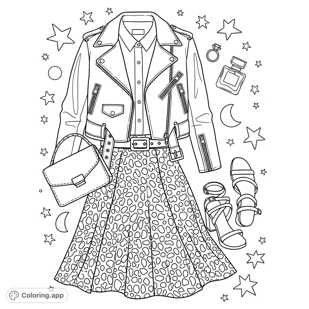 Explore a stylish flat lay fashion ensemble featuring a detailed biker jacket, speckled A-line skirt, and accessories, surrounded by celestial elements.