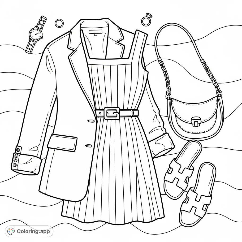 Discover a stylish fashion ensemble flat lay coloring page featuring a striped dress, blazer, handbag, sandals, and accessories. Perfect for fashion enthusiasts!