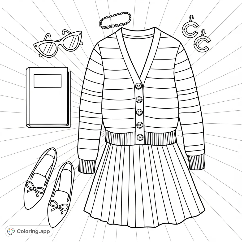 Explore a stylish fashion flat lay coloring page featuring a striped cardigan, pleated skirt, and accessories. Perfect for fashion enthusiasts!