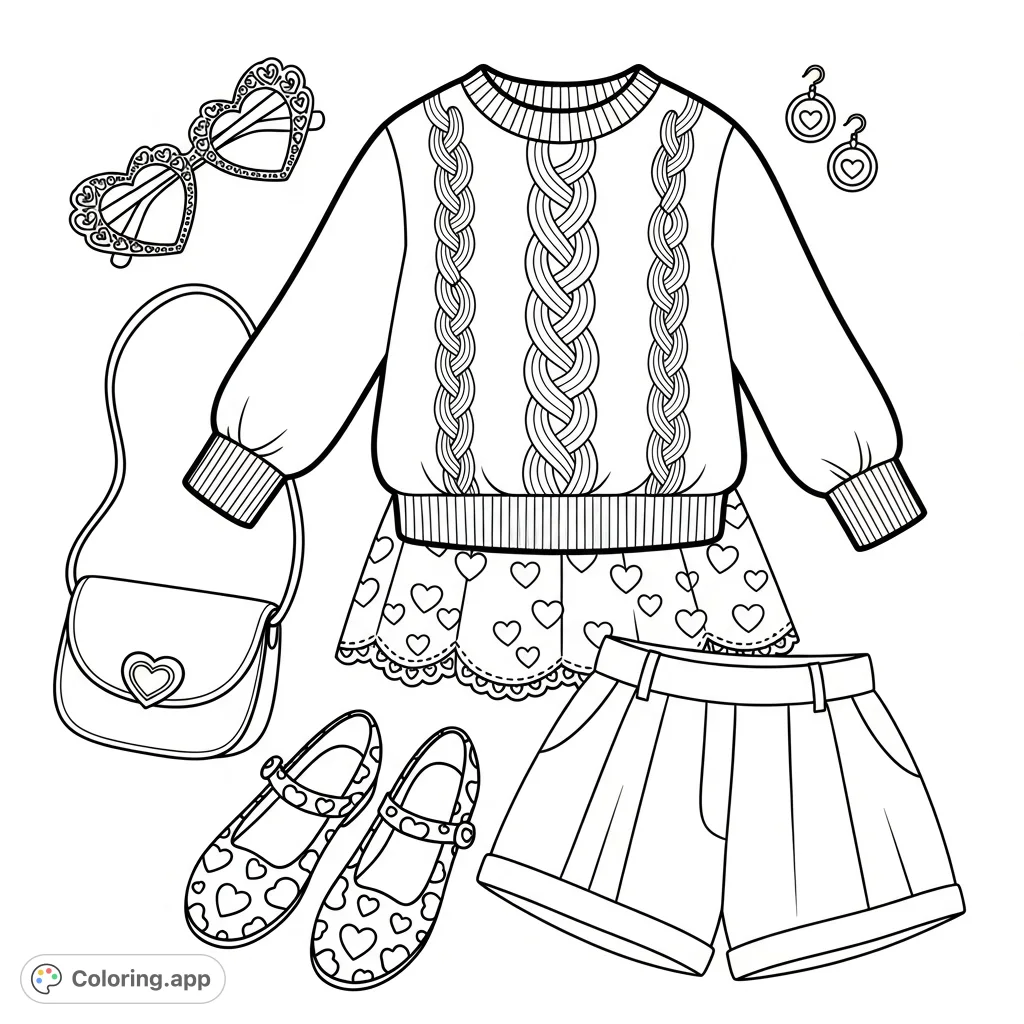 Discover a stylish flat lay outfit coloring page featuring a cable-knit sweater, lace-trimmed shorts, a chain-strap bag, spotted shoes, and patterned eyeglasses.