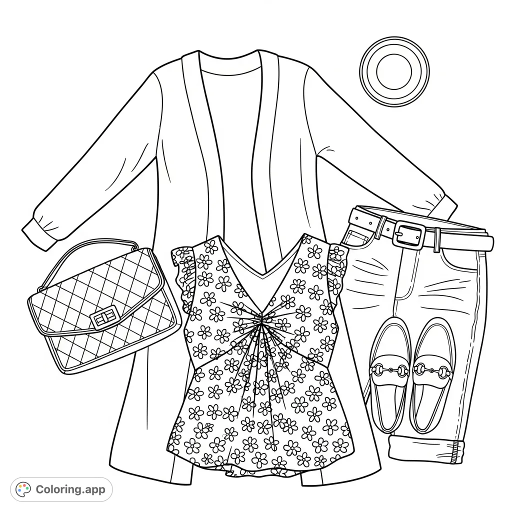 Discover a stylish women's outfit in a detailed flat lay composition, featuring a cardigan, floral blouse, cuffed jeans, slip-on shoes, and a quilted clutch.