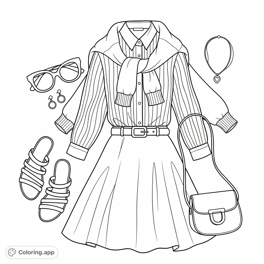 Discover a stylish flat lay outfit featuring a striped shirt, flowing skirt, draped sweater, and elegant accessories. A fashionable free printable coloring page.