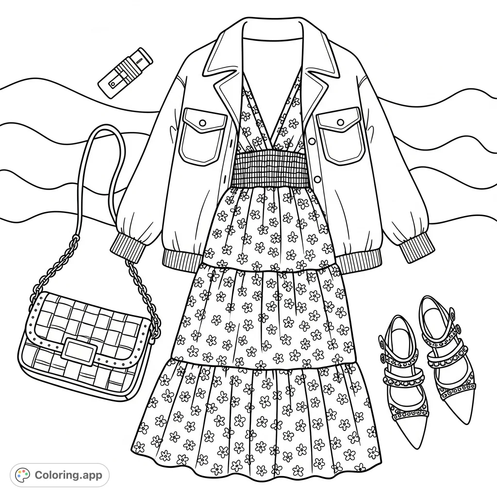 Discover a stylish flat lay outfit featuring a tiered floral dress, collared jacket, woven shoulder bag, and detailed shoes. Perfect for fashion enthusiasts.