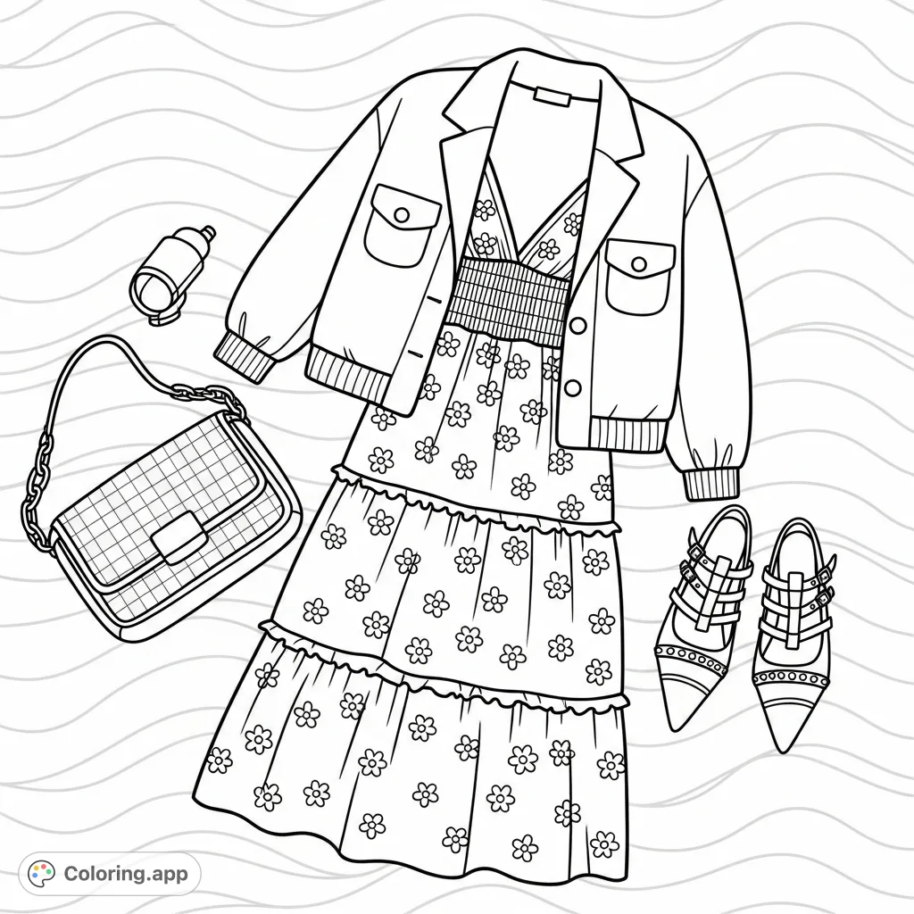 Discover a stylish flat lay outfit featuring a tiered floral dress, collared jacket, woven shoulder bag, and detailed shoes. Perfect for fashion enthusiasts!