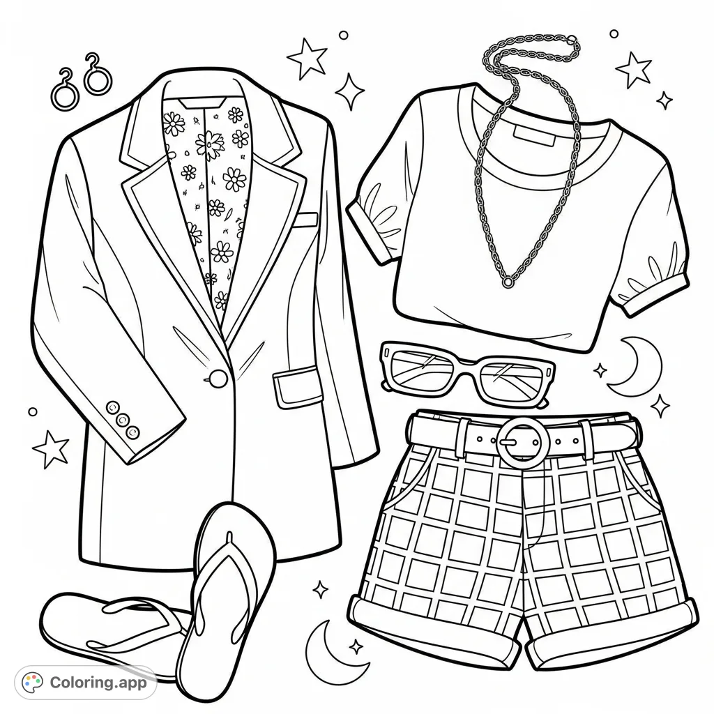 Discover a stylish flat lay outfit featuring a blazer with floral lining, gingham shorts, and accessories. A perfect fashion outfit coloring page.