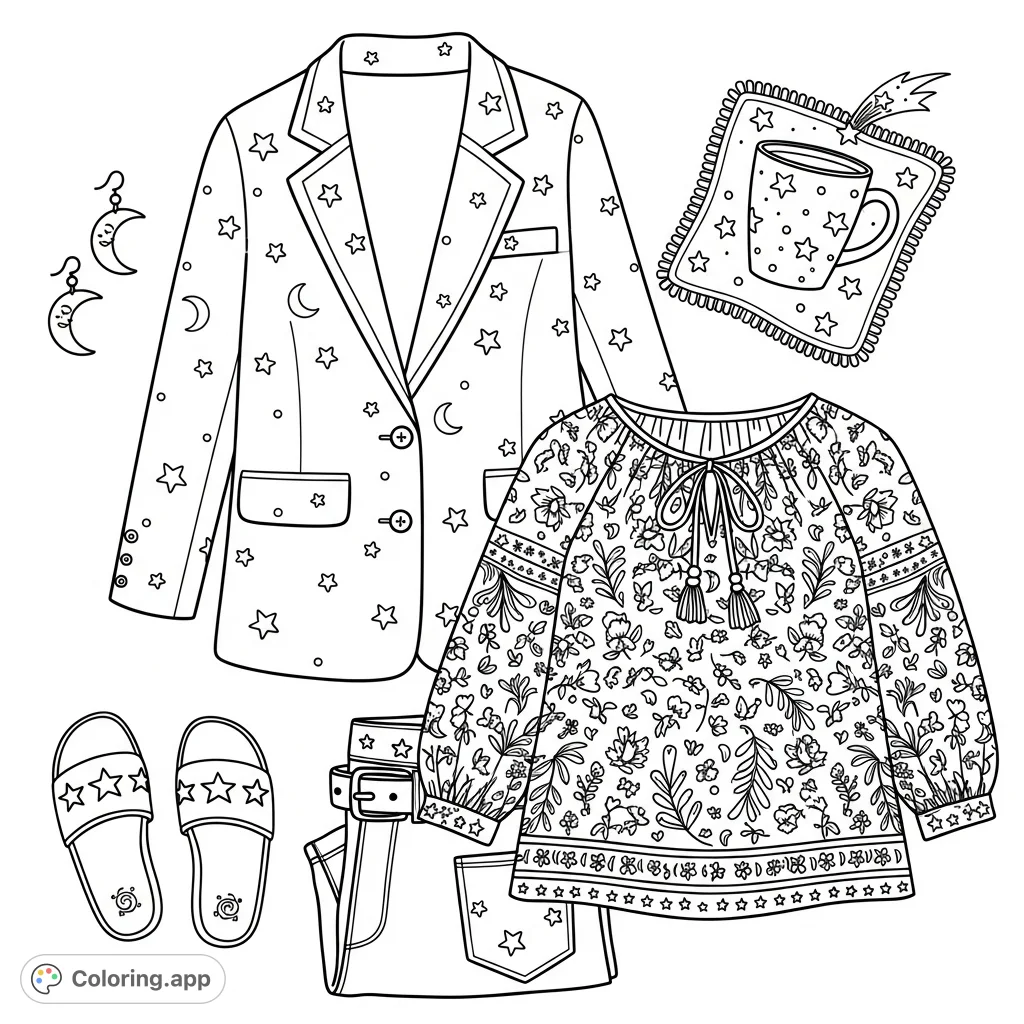 Discover a stylish flat lay outfit featuring a patterned blouse, blazer, jeans, and accessories. Perfect for fashion enthusiasts to personalize with their unique color palette.