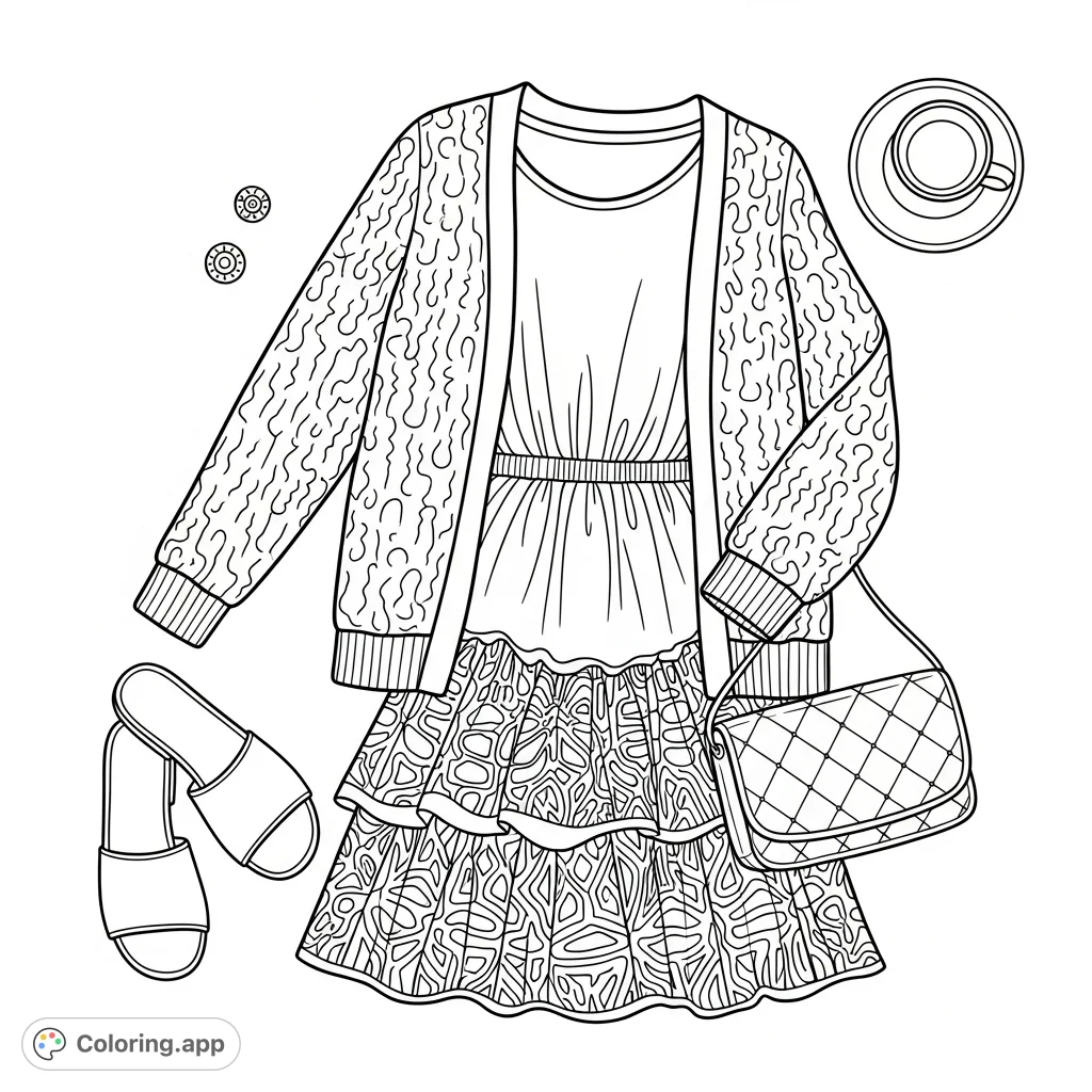 Discover a stylish flat lay outfit featuring a textured cardigan, an intricately patterned tiered dress, slide sandals, and a quilted clutch. Perfect for fashion enthusiasts.