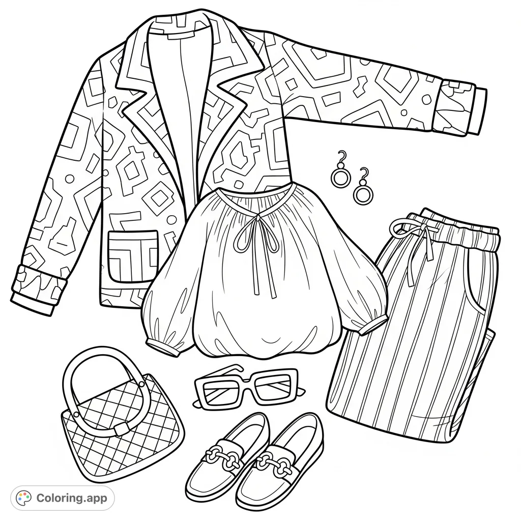 Discover a chic flat lay outfit featuring a textured jacket, striped pants, and stylish accessories. Perfect for fashion enthusiasts to personalize with their favorite hues.
