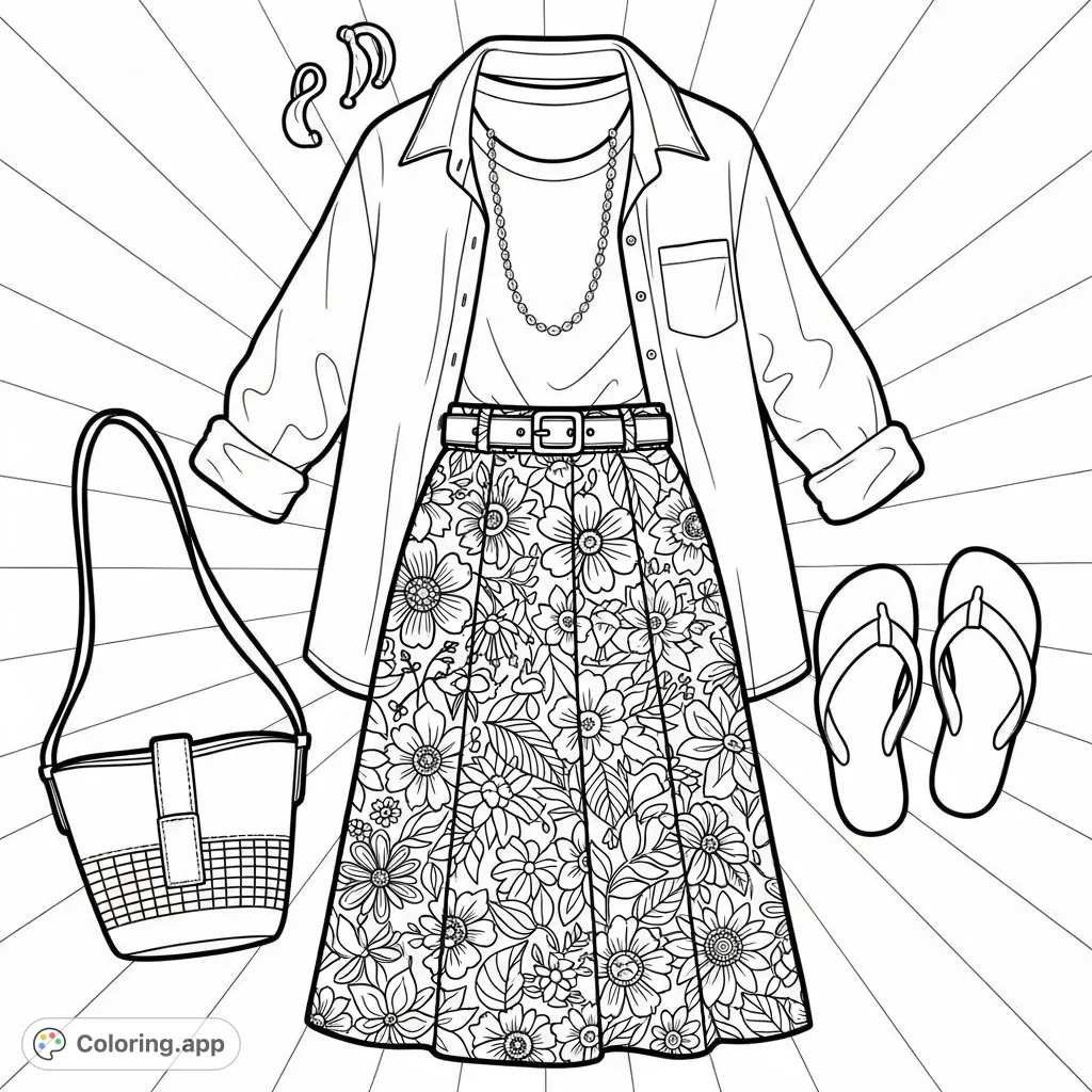 Discover a stylish outfit flat lay coloring page featuring a floral midi skirt, layered shirt, bucket bag, and accessories. Perfect for fashion enthusiasts!