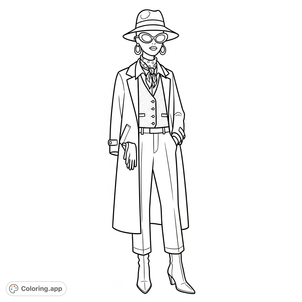 A stylish mannequin showcases a complete, layered women's outfit with a hat, sunglasses, scarf, and elegant accessories. Perfect for fashion enthusiasts.