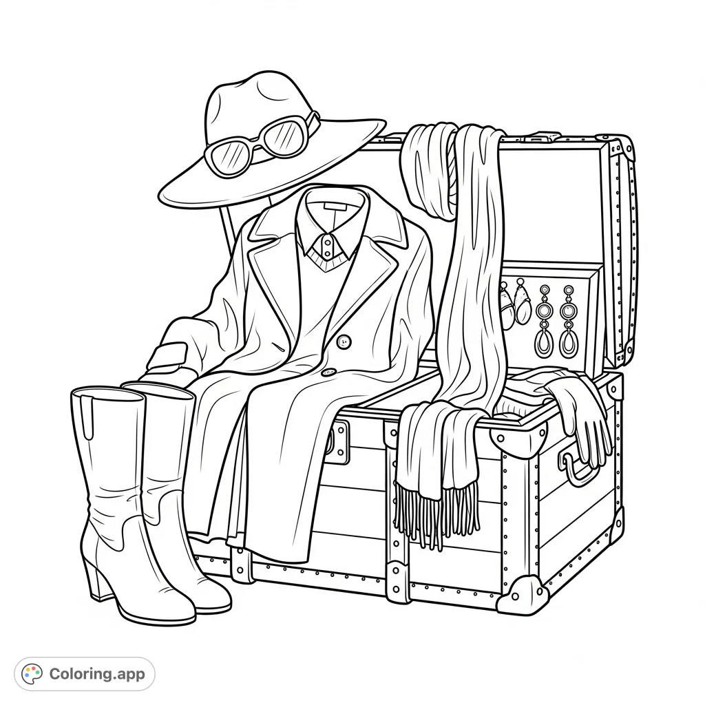 A stylish women's outfit, including a hat, coat, and elegant boots, artfully displayed on and around a sturdy antique wooden trunk, perfect for fashion enthusiasts.