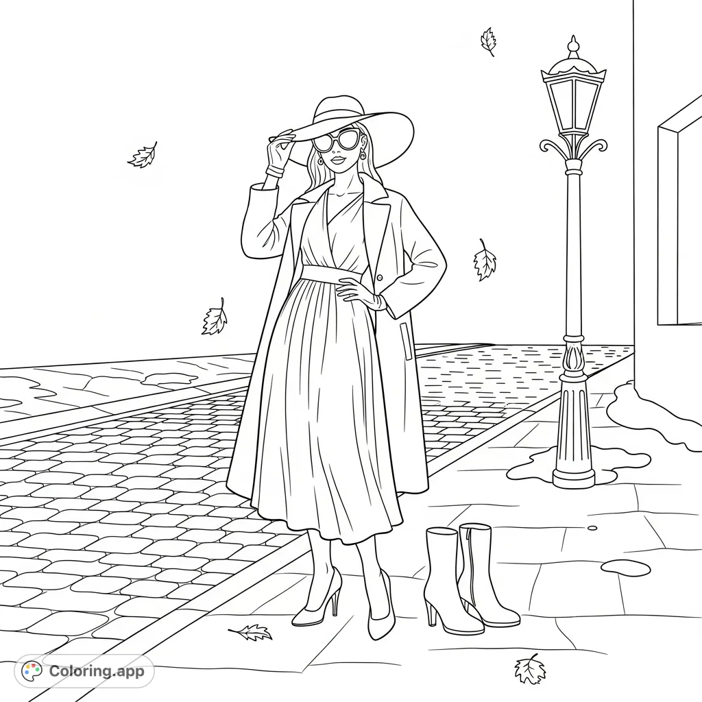 An elegant woman in a flowing dress, wide-brimmed hat, and chic accessories stands confidently on a cobblestone street. A stylish fashion scene.