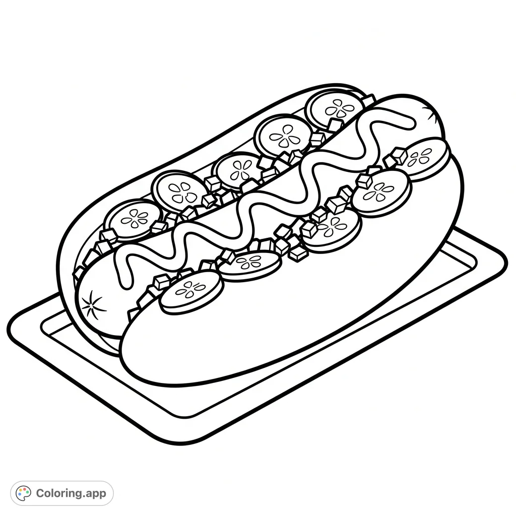 A mouth-watering hot dog nestled in a bun with generous toppings and condiments, ready for your creative touch in this free printable coloring page.