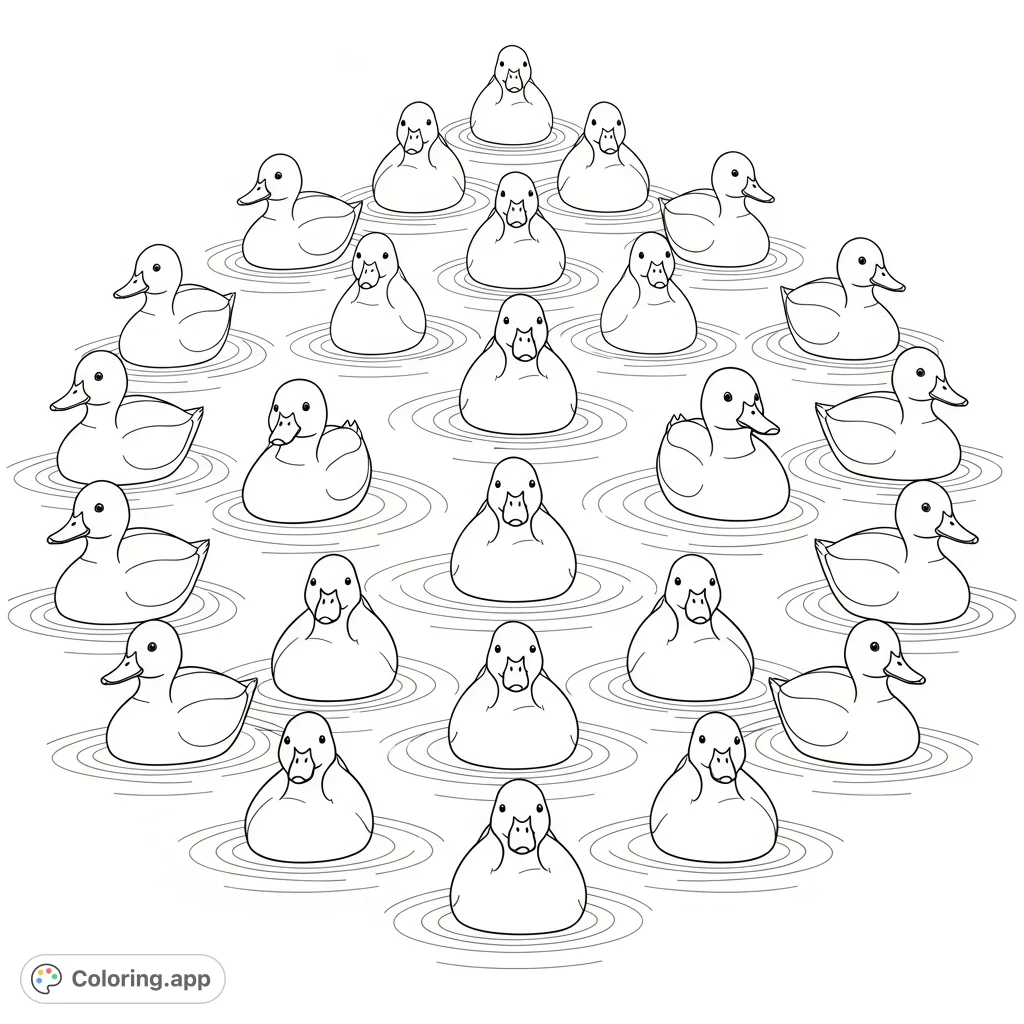 A tranquil duck coloring page featuring a repeating pattern of identical ducks arranged in perfectly spaced concentric circles on calm water, offering a soothing, symmetrical design.