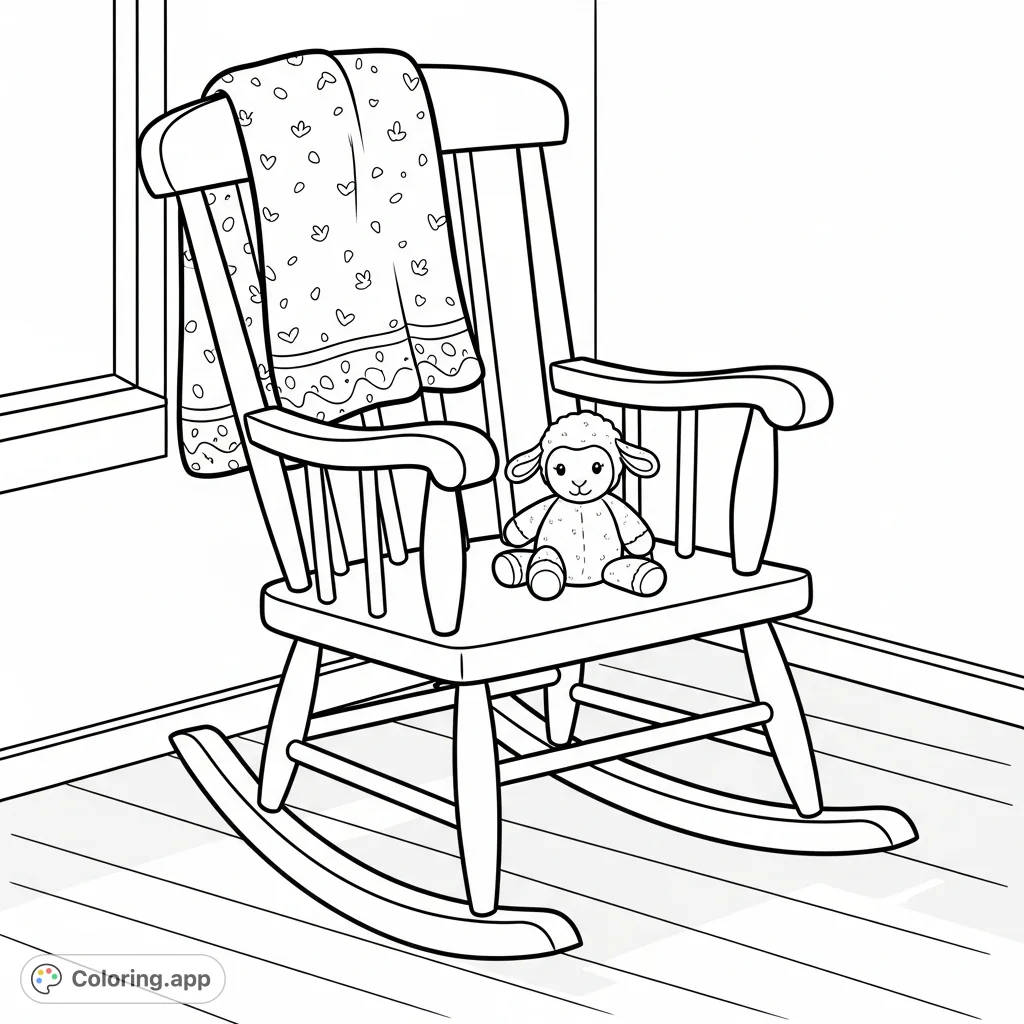 A charming wooden baby rocking chair, draped with a soft, patterned blanket, and a plush lamb, bathed in light. A peaceful scene for gentle coloring.