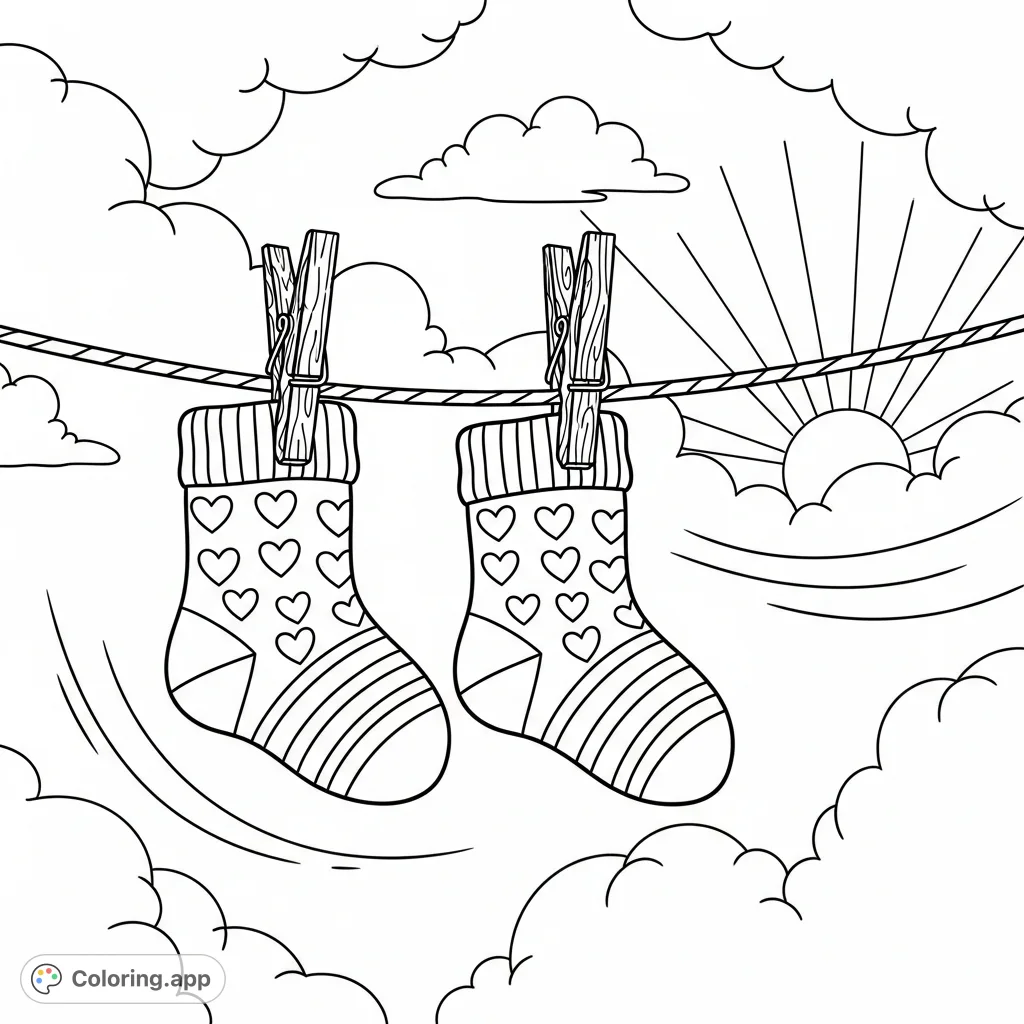 A heartwarming scene of small, patterned children's socks drying on a clothesline under a sky filled with whimsical clouds and a cheerful sun.