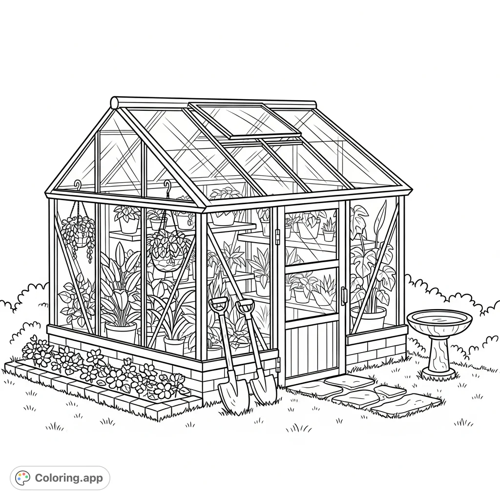 Discover a serene greenhouse nestled in a backyard, filled with plants and bordered by flowers. A charming birdbath and garden tools complete this peaceful scene.