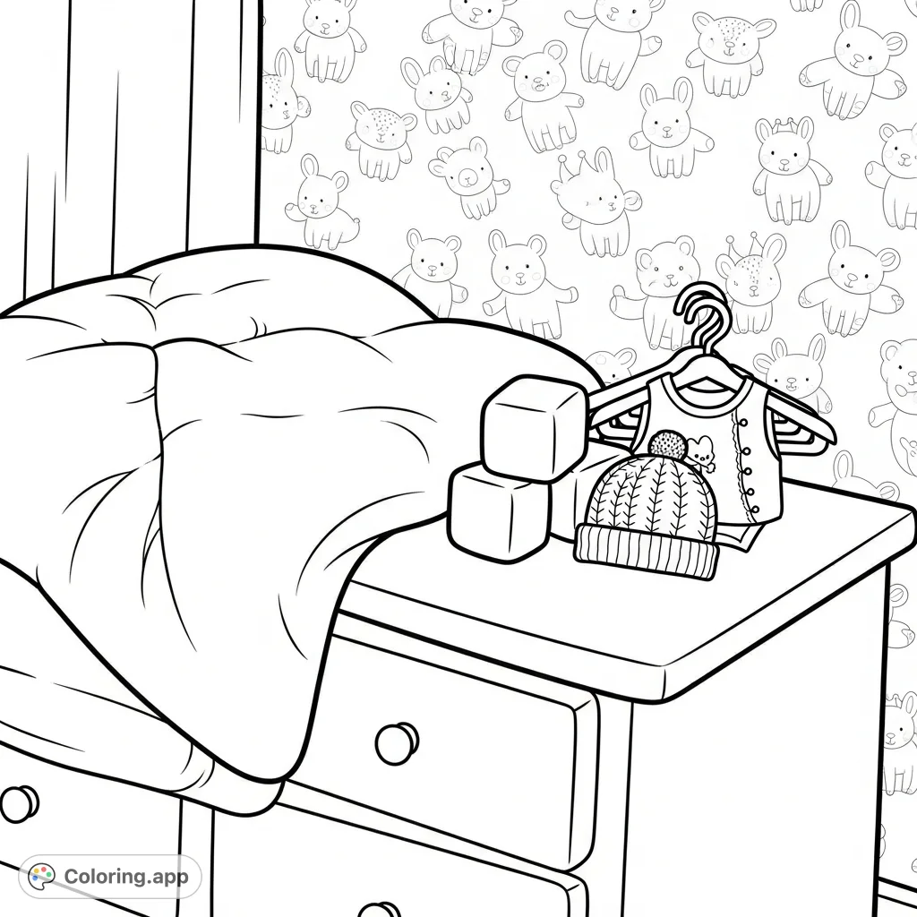 Discover a charming nursery scene featuring a soft comforter, baby blocks, and a tiny knitted hat, all set against a patterned wall. A delightful, free printable nursery coloring page.