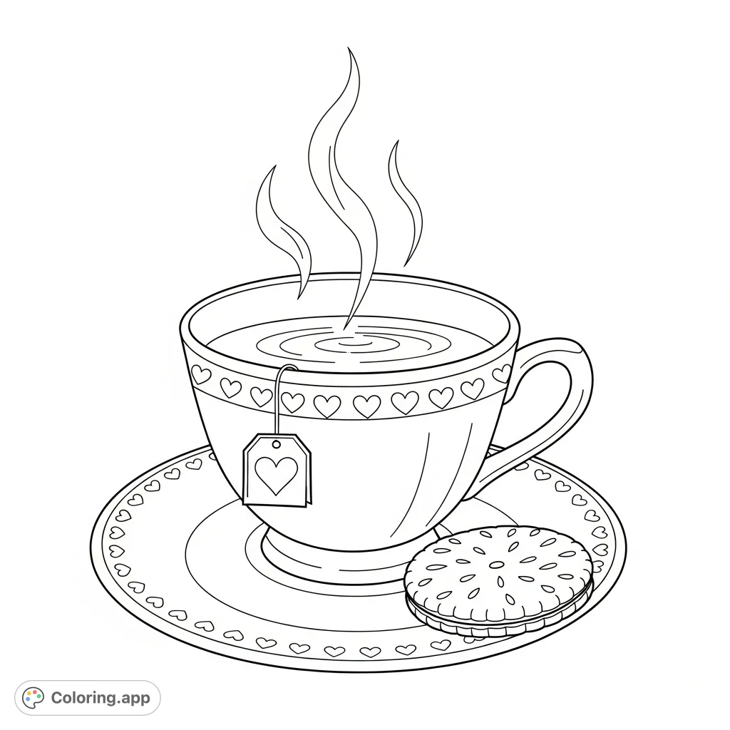 A charming teacup with steam and a heart-shaped tag, resting on a heart-patterned saucer next to a biscuit. Perfect for relaxation.