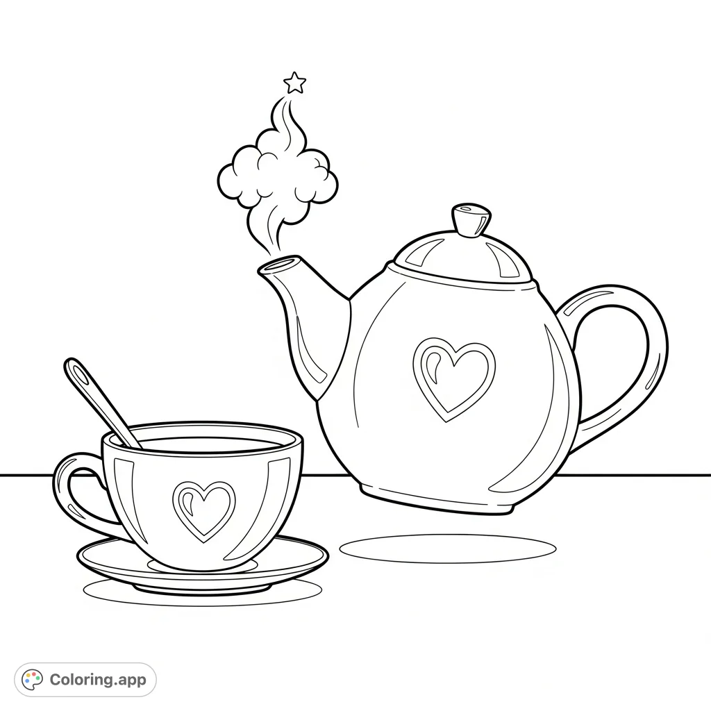 A tranquil teapot and teacup scene featuring a subtle heart design, rising steam, and a tiny spoon. Perfect for a relaxing coloring experience.