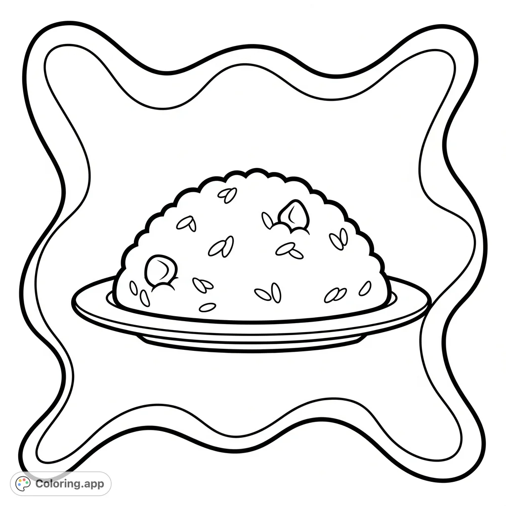 A charming Biryani dish on a plate with thick outlines and a simple, fancy background. A delightful and easy Biryani coloring page for all ages to enjoy.
