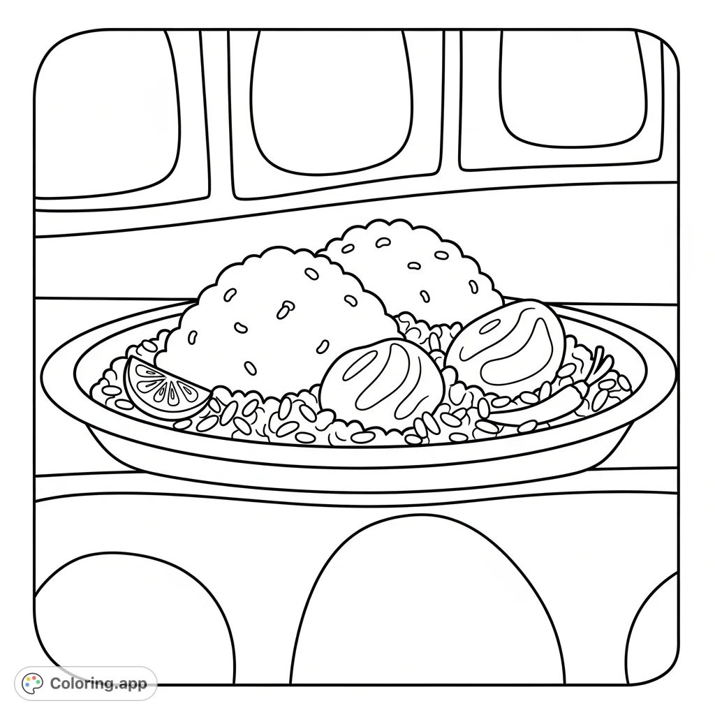 A super cute, simple Biryani meal on a curvy tray with a fancy background. Easy to color, perfect for all ages, enhancing creativity and cultural fun!