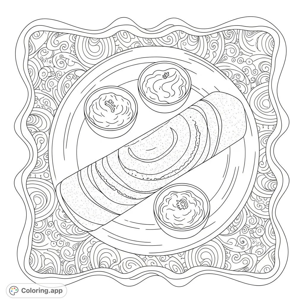 A delightful and simple Masala dosa meal coloring page, featuring a rolled dosa, accompanying bowls, and a charming curvy border. Perfect for easy, relaxing coloring fun.