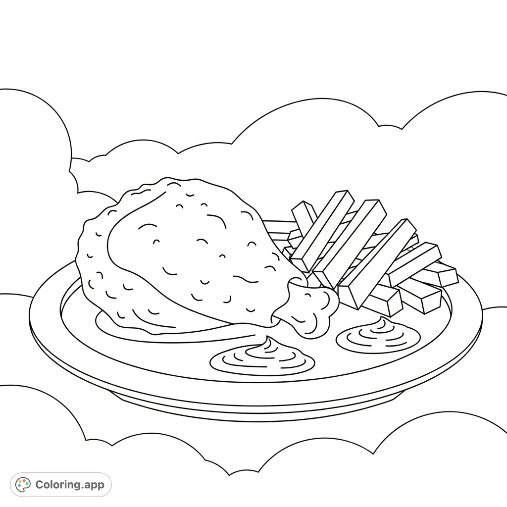 A super cute and simple fried chicken meal coloring page, perfect for young artists. Featuring thick outlines and minimal detail for easy coloring fun.