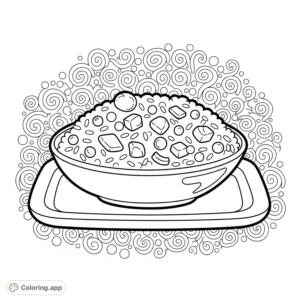 A delightful and simple fried rice meal on a tray, perfect for easy coloring. Features thick outlines and a fancy background for a charming culinary scene.