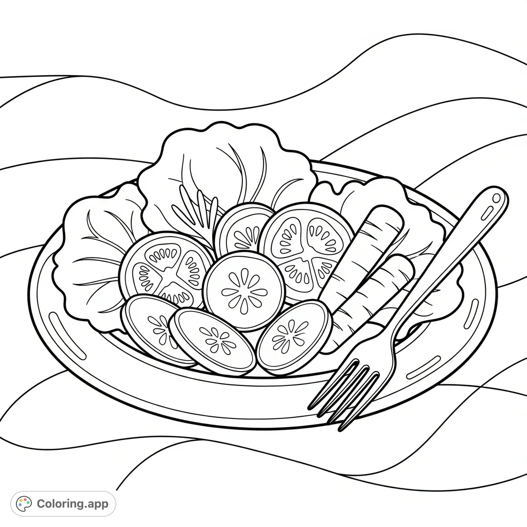 A very cute and simple garden salad coloring page with bold outlines and gentle curves, perfect for an easy coloring experience for all ages.