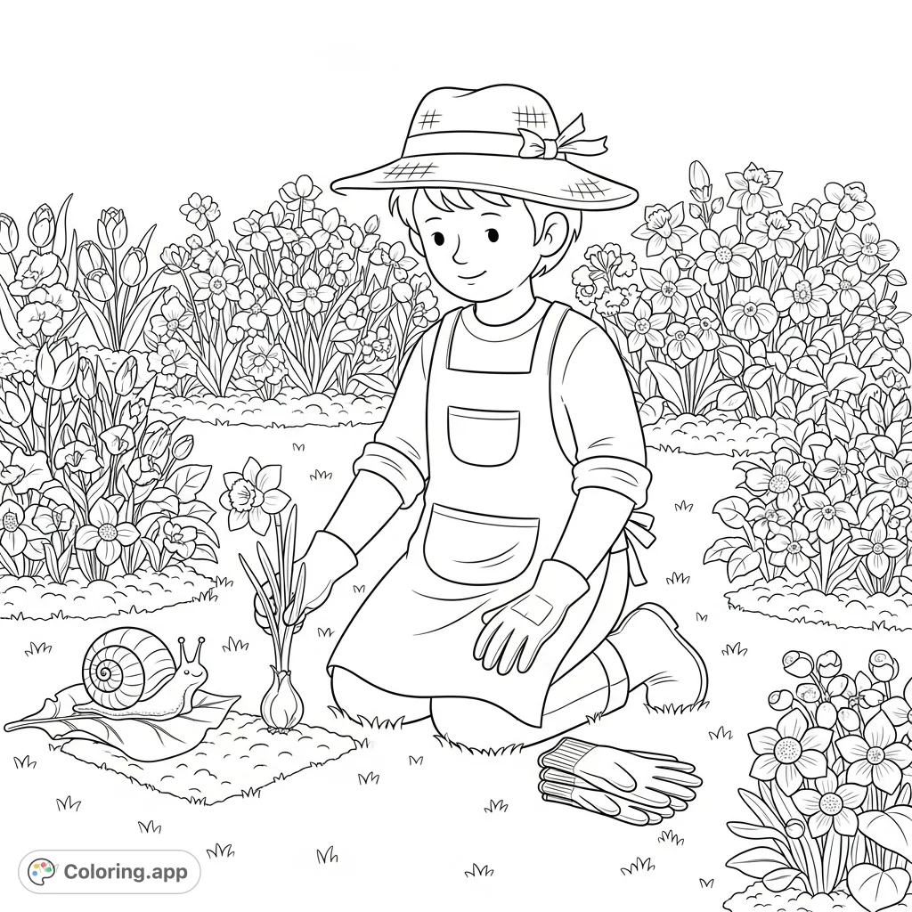 A delightful coloring page featuring a cute gardener character, surrounded by overflowing flowerbeds, diligently planting a daffodil bulb with a friendly snail nearby.
