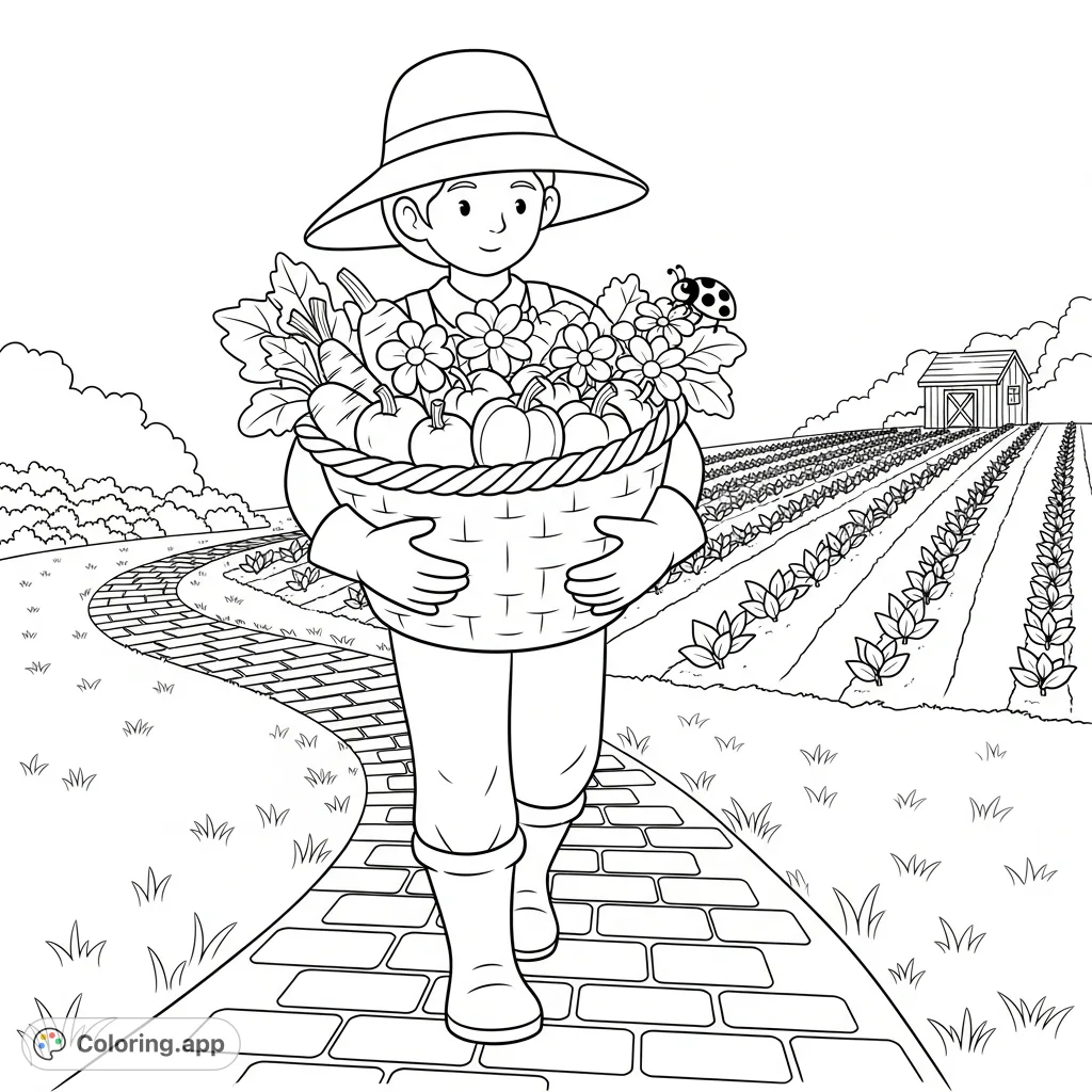 A charming gardener with an overflowing basket of vegetables and flowers walks a brick path in a lush garden. Perfect for nature lovers!