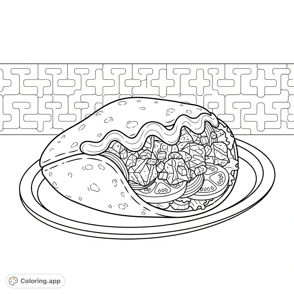 A charming and simplified depiction of a gyro meal with pita, meat, vegetables, and sauce on a tray, set against a delightful patterned background.