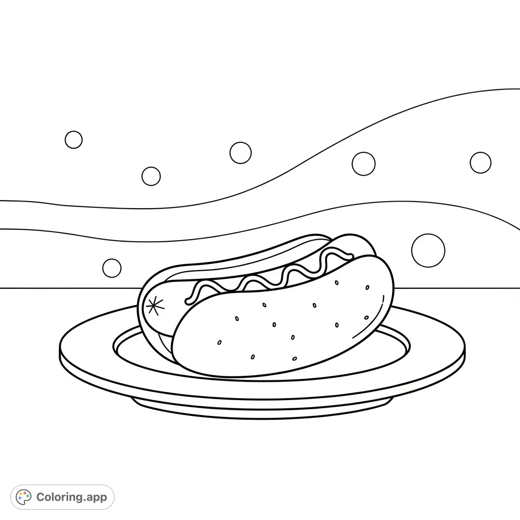 A super cute and simple hot dog on a plate, featuring thick outlines and a charming, uncluttered background. Perfect for easy coloring page fun!