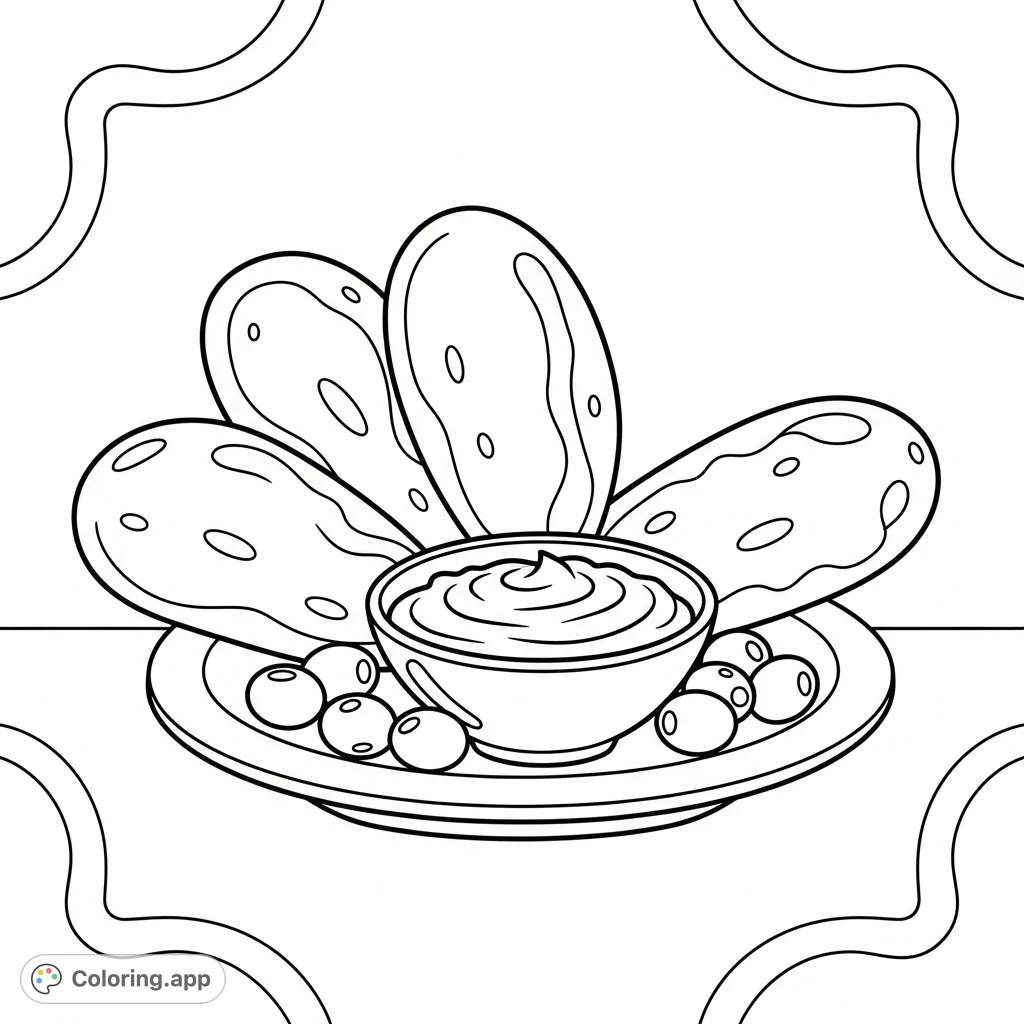 A very cute and simple Naan bread coloring page featuring three pieces of Naan, a bowl of hummus, and olives on a plate, set against a fancy background.