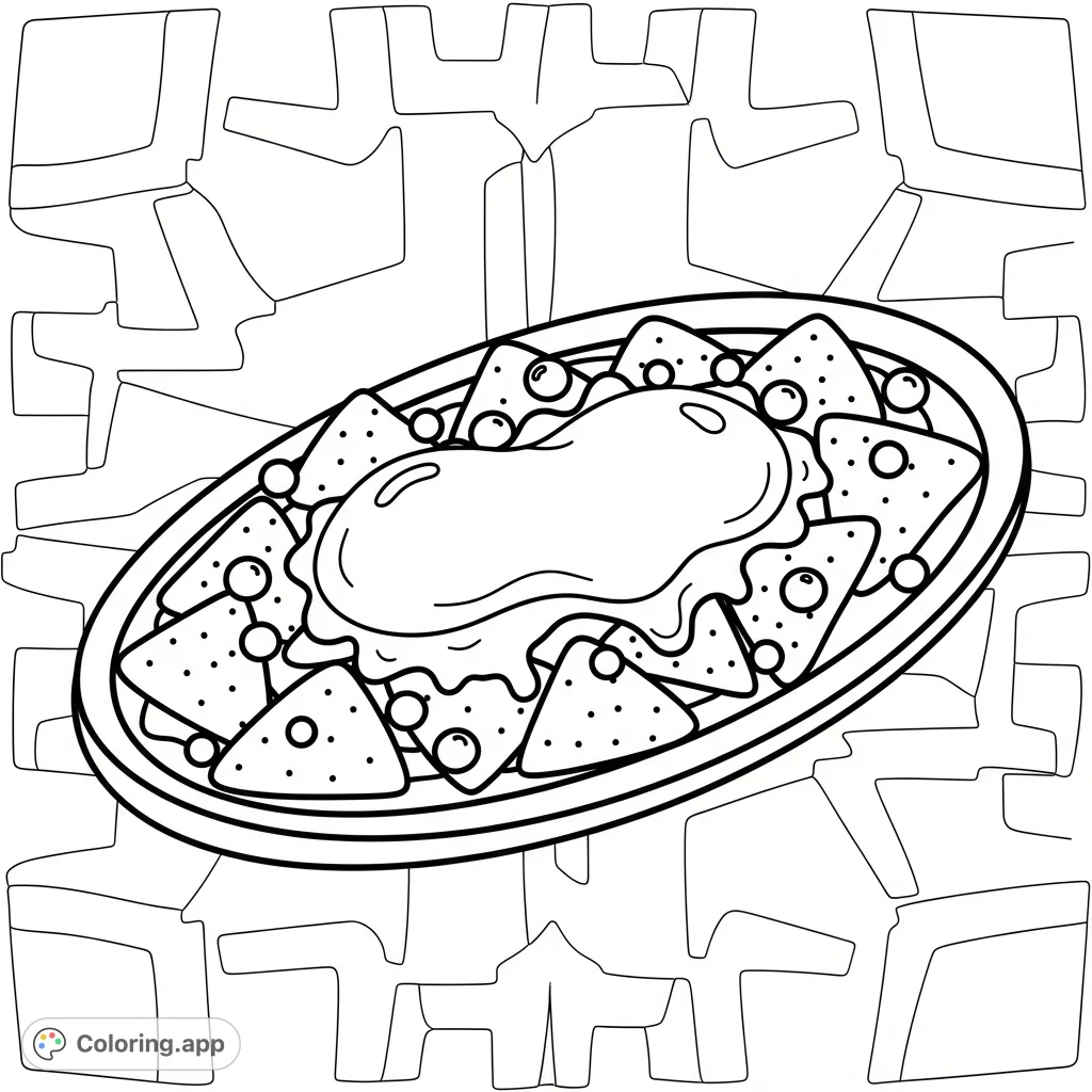 A delightful and simple nachos meal coloring page on a tray, featuring bold outlines and minimal details, perfect for easy and fun coloring.